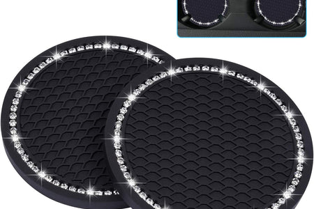 Bling Car Coasters, 2 Pack PVC Car Cup Holder Insert Coaster - anti Slip Universal Vehicle Interior Accessories Crystal Glitter Cup Mats for Women and Men(2.75" Diameter, Black)