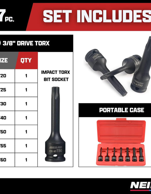 Load image into Gallery viewer, 01132B 3/8” Drive Torx Star Driver Bit Socket Set 7 Piece T20 to T60 3” Length Cr-Mo Impact Grade
